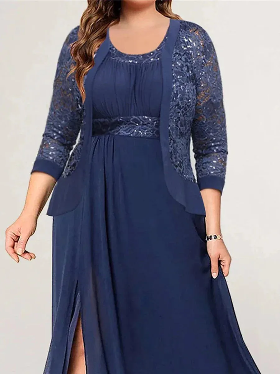 Lace Patchwork Navy Blue Maxi Dress for Women's Plus Size