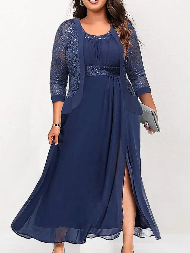 Lace Patchwork Navy Blue Maxi Dress for Women's Plus Size