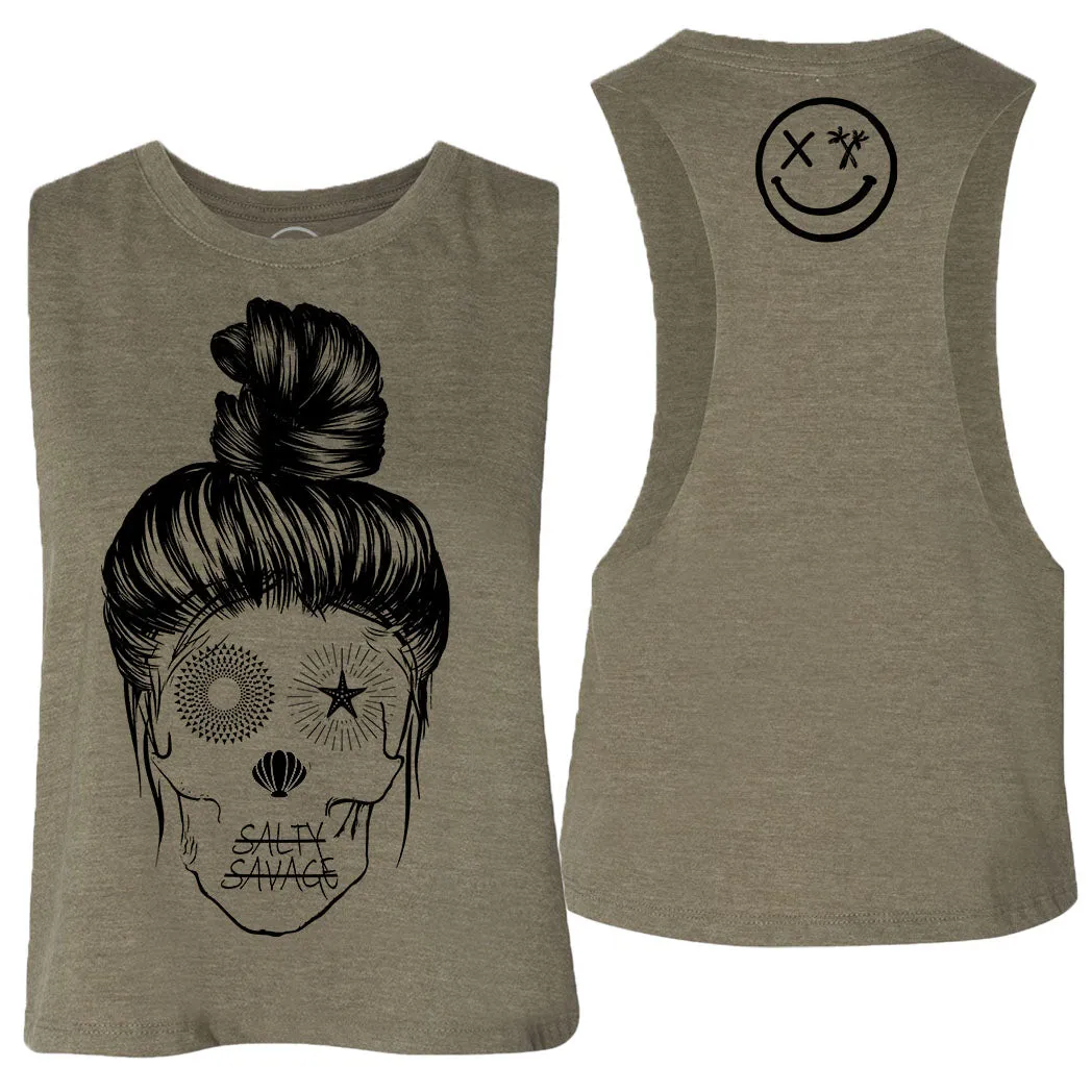 Ladies "Messy Bun Skull" Flowy Crop Tank