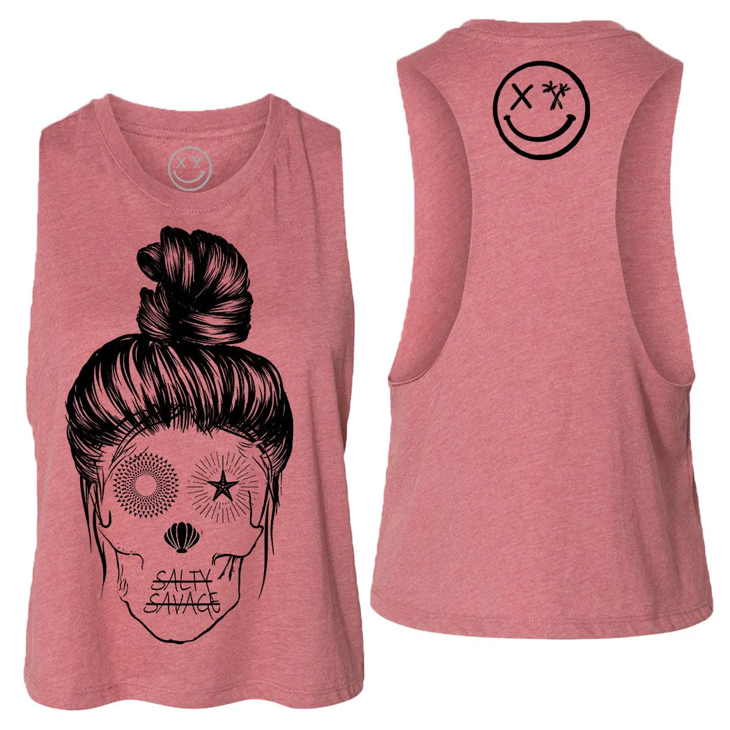 Ladies "Messy Bun Skull" Flowy Crop Tank