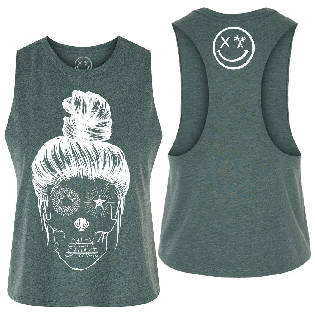 Ladies "Messy Bun Skull" Flowy Crop Tank