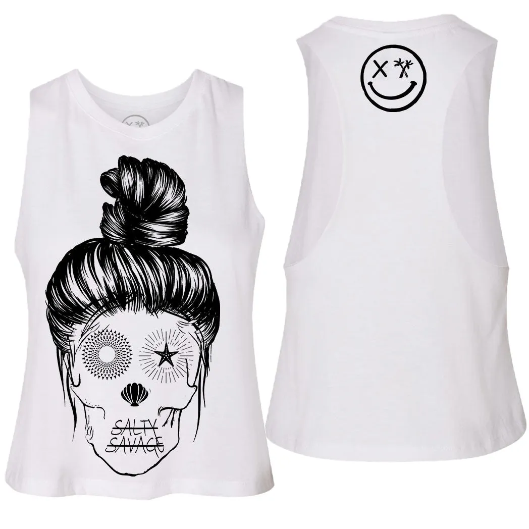 Ladies "Messy Bun Skull" Flowy Crop Tank