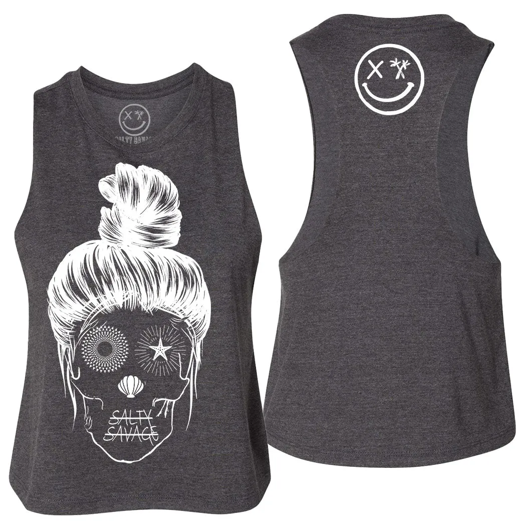 Ladies "Messy Bun Skull" Flowy Crop Tank