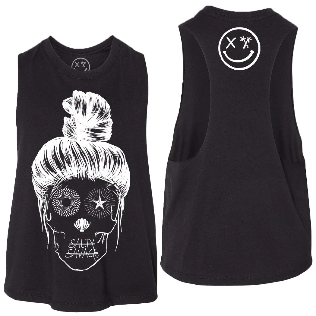 Ladies "Messy Bun Skull" Flowy Crop Tank