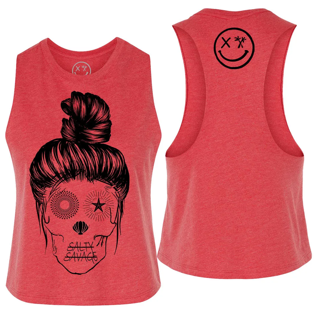 Ladies "Messy Bun Skull" Flowy Crop Tank