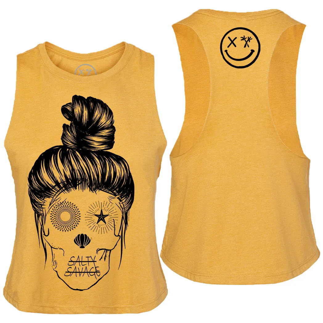 Ladies "Messy Bun Skull" Flowy Crop Tank