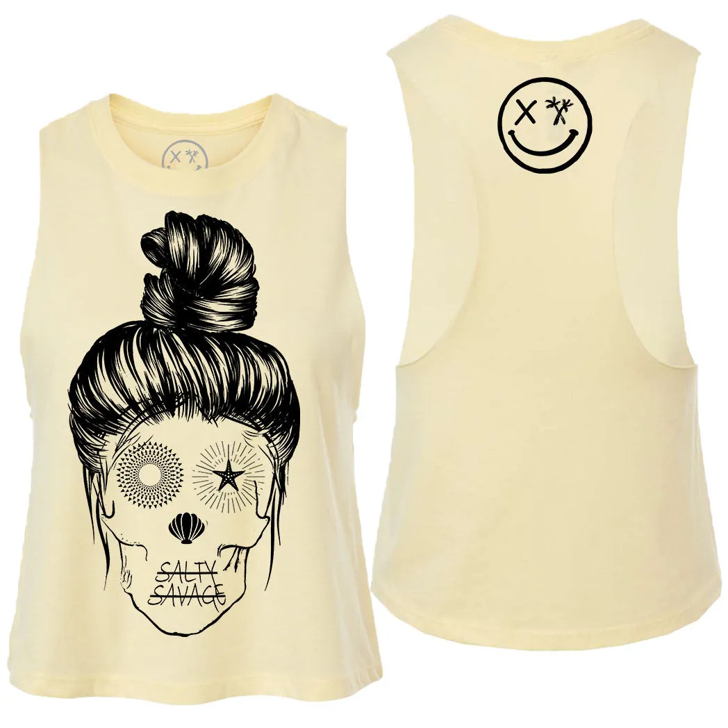 Ladies "Messy Bun Skull" Flowy Crop Tank