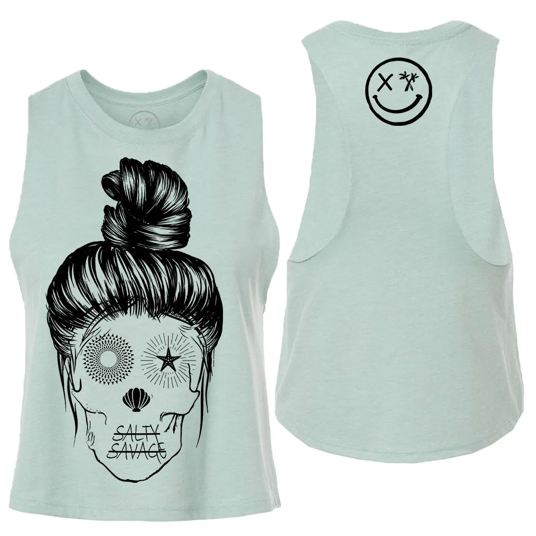 Ladies "Messy Bun Skull" Flowy Crop Tank