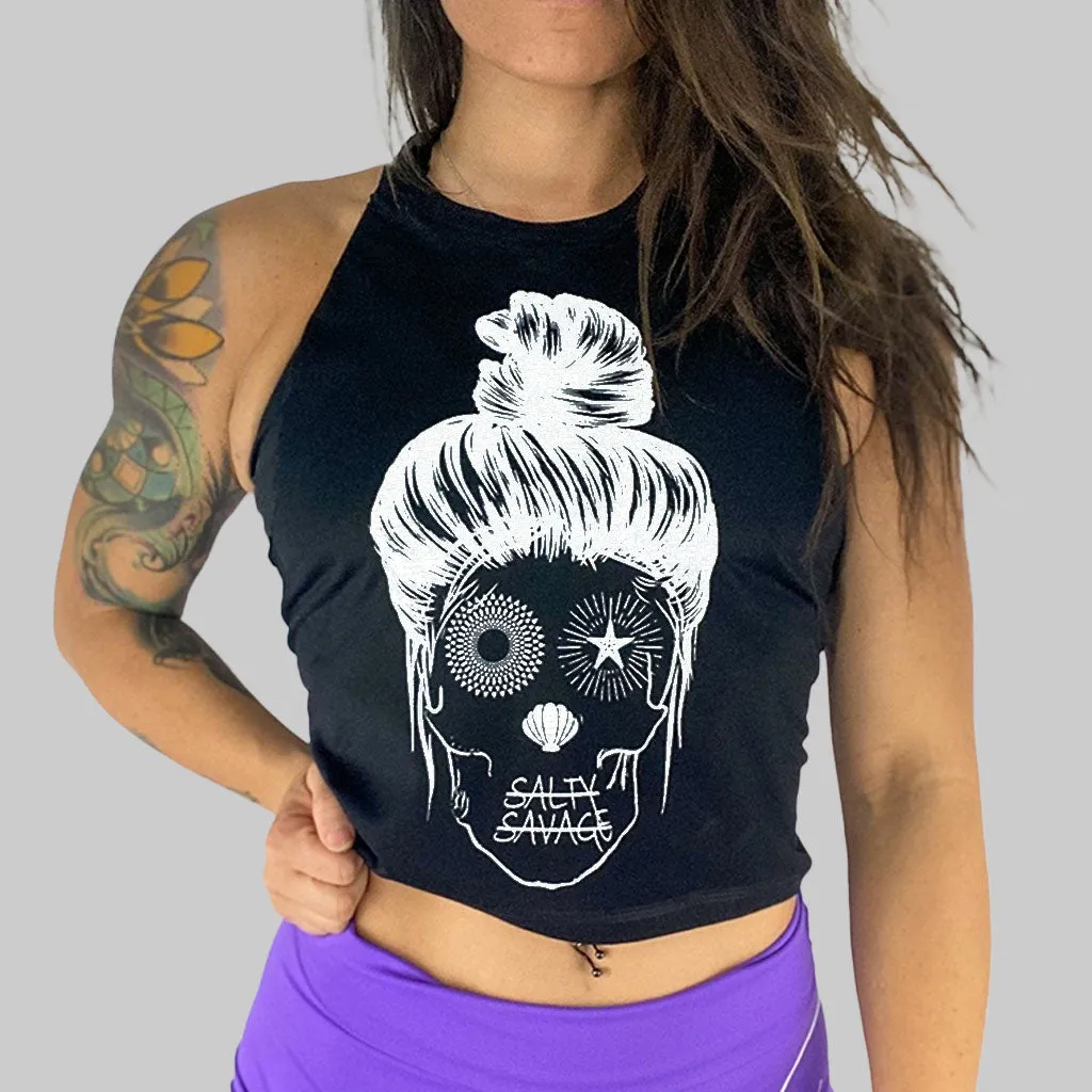 Ladies "Messy Bun Skull" Flowy Crop Tank