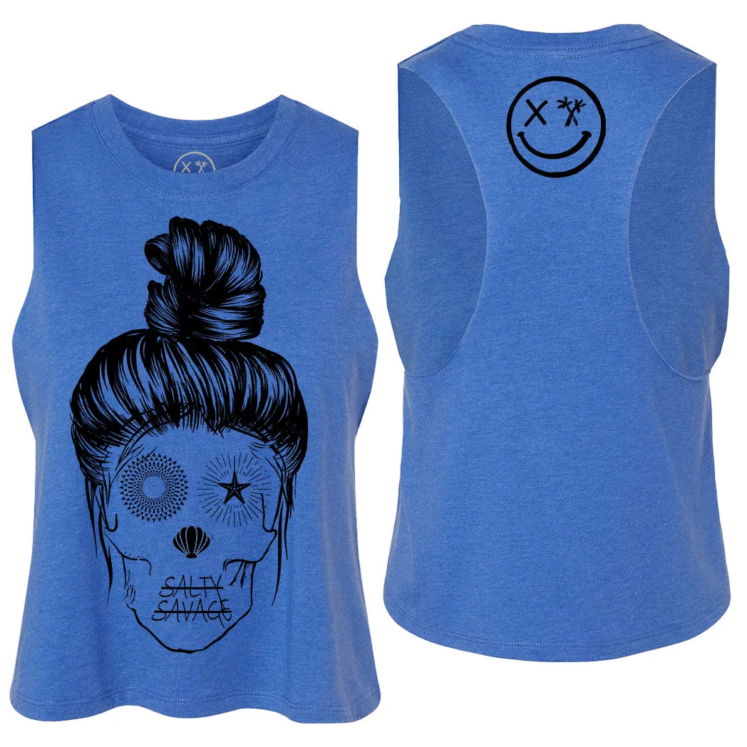 Ladies "Messy Bun Skull" Flowy Crop Tank