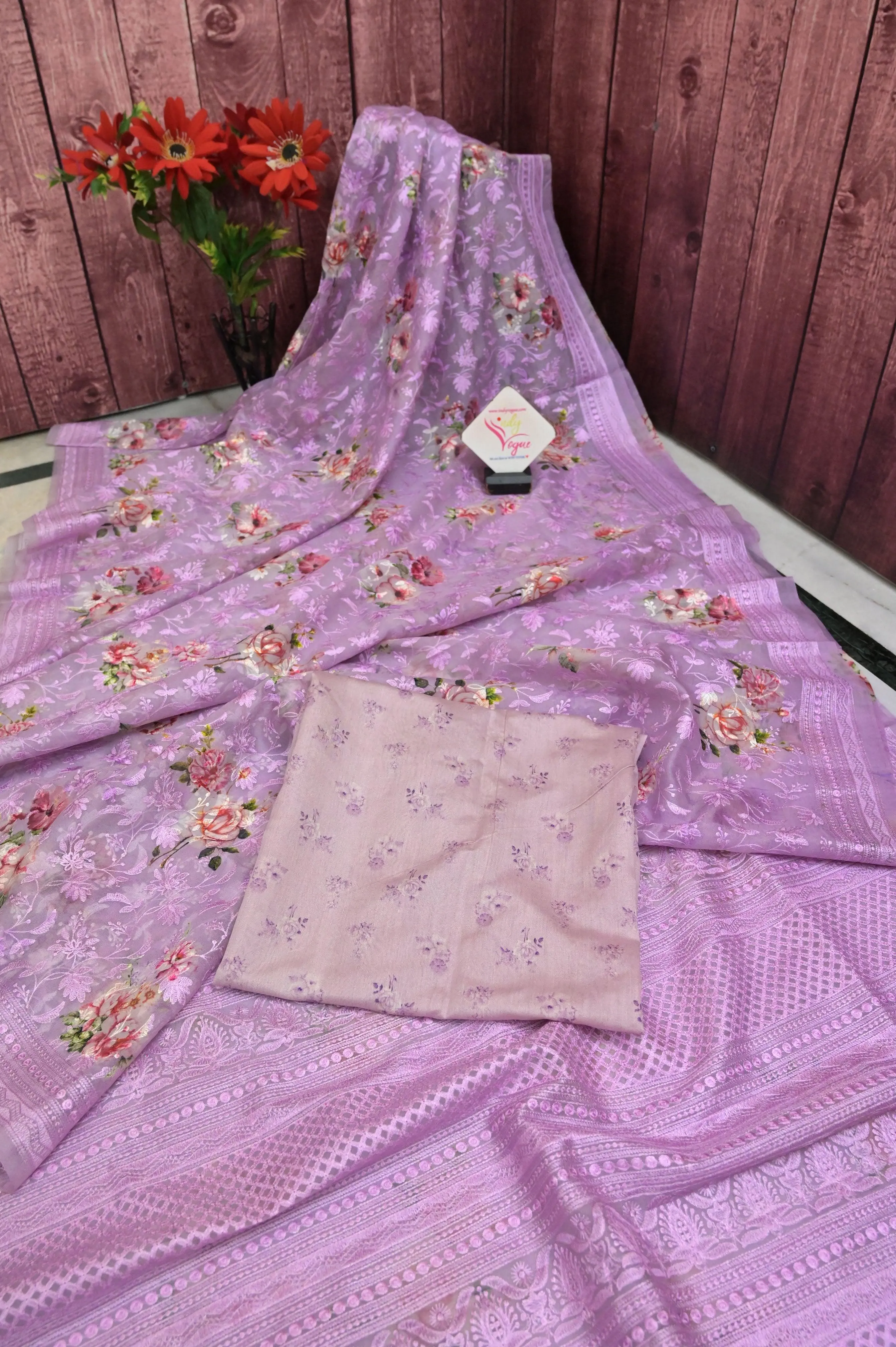 Lavender Color Designer Organza Saree with Chikankari and Digital Print