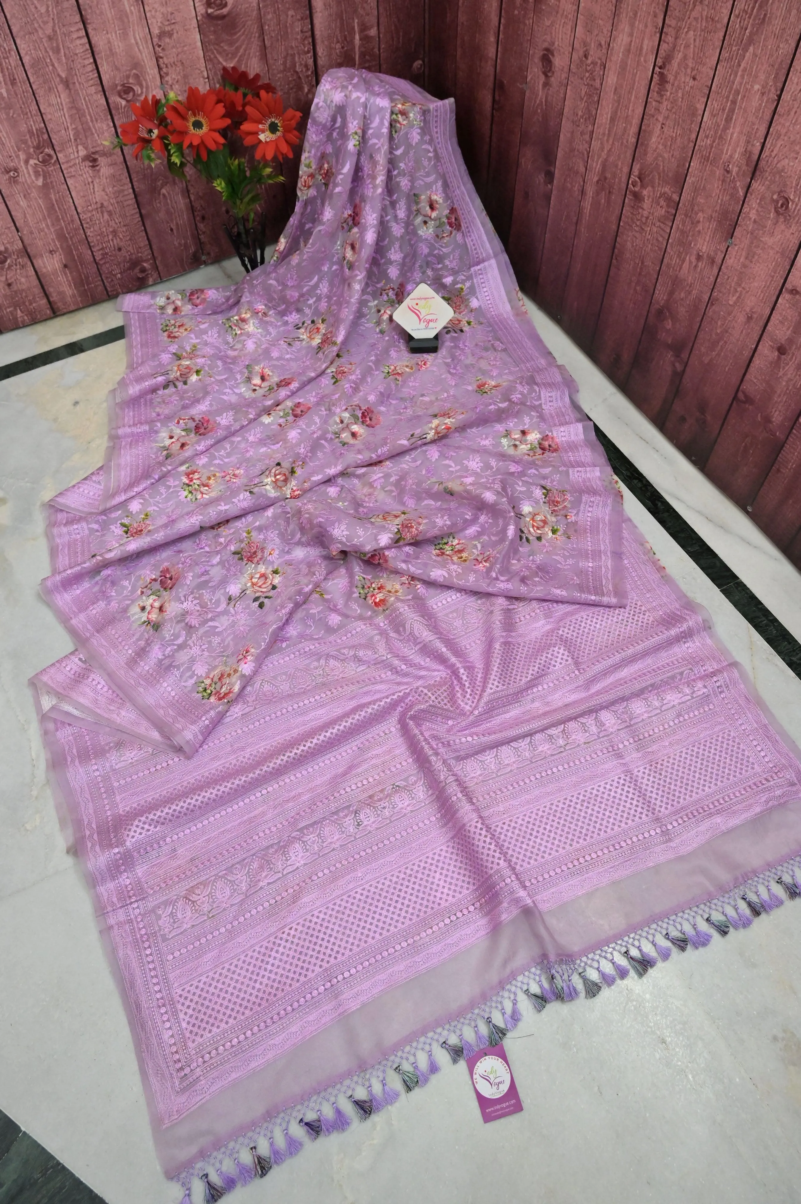 Lavender Color Designer Organza Saree with Chikankari and Digital Print