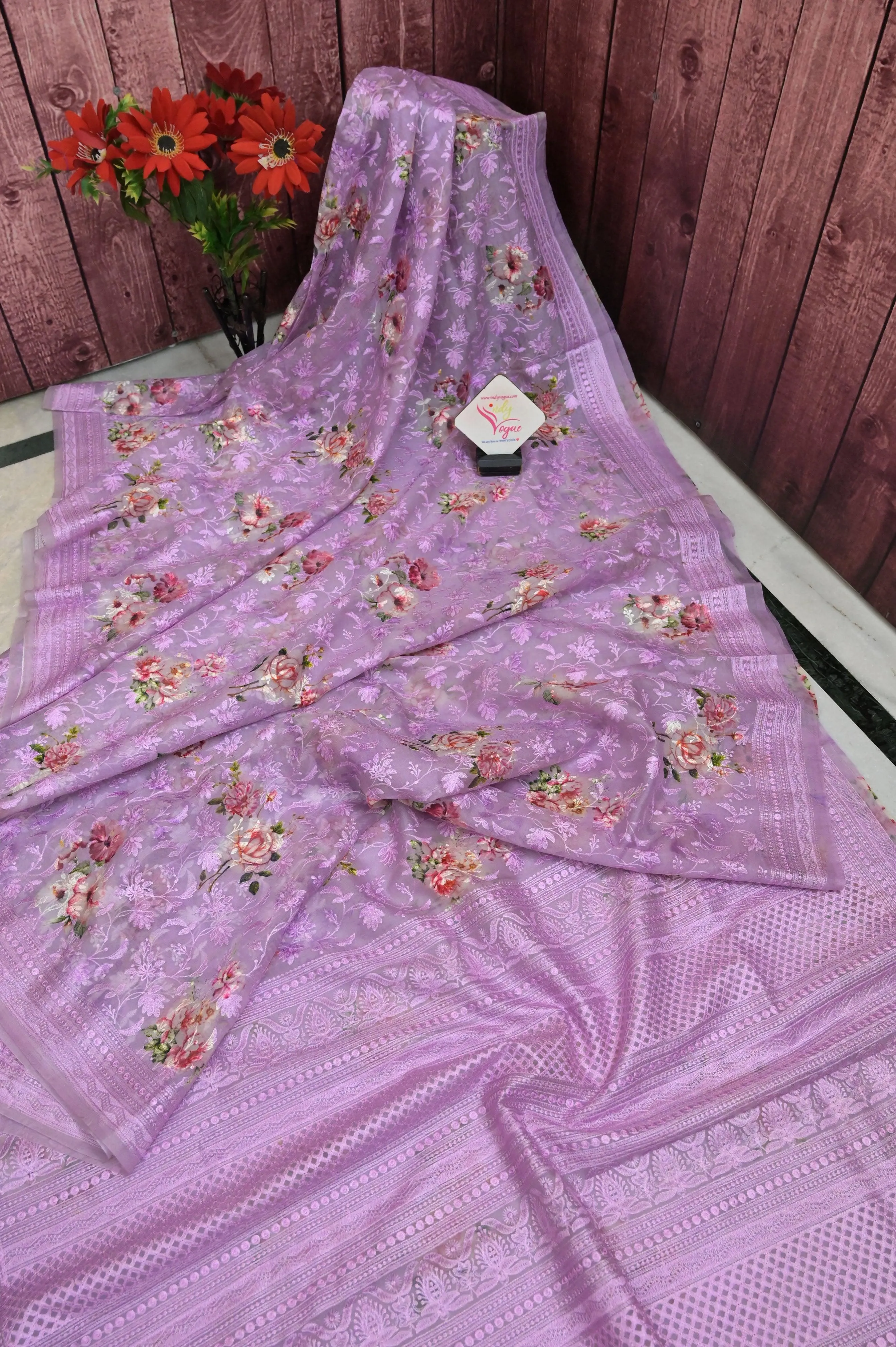 Lavender Color Designer Organza Saree with Chikankari and Digital Print