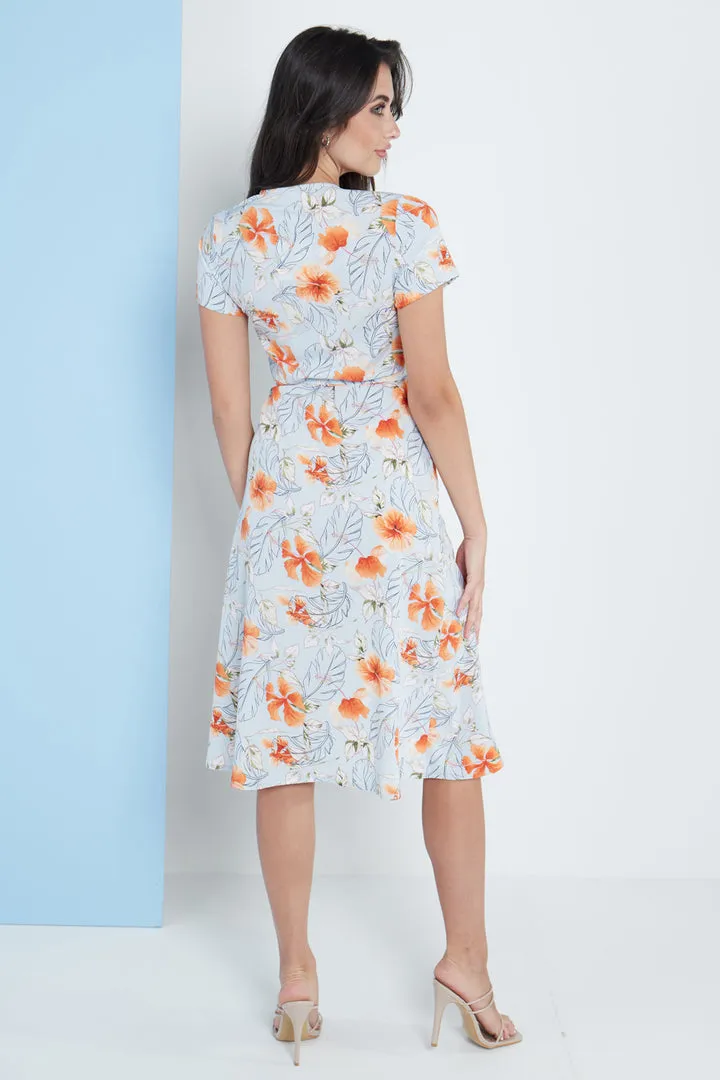 Lilura London Midi Wrap Dress In Blue Floral Print