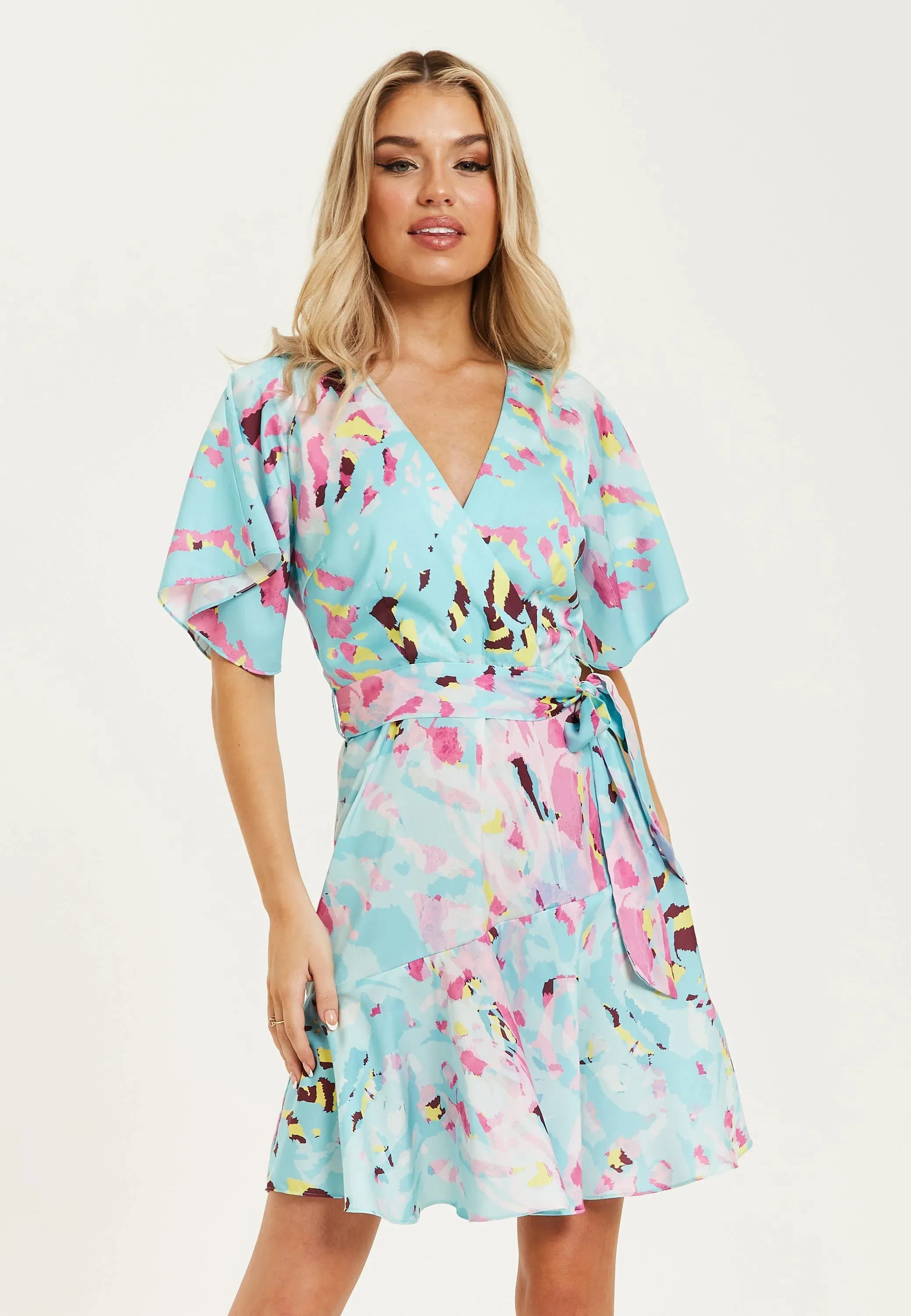 Liquorish Blue Abstract Print Mini Wrap Dress