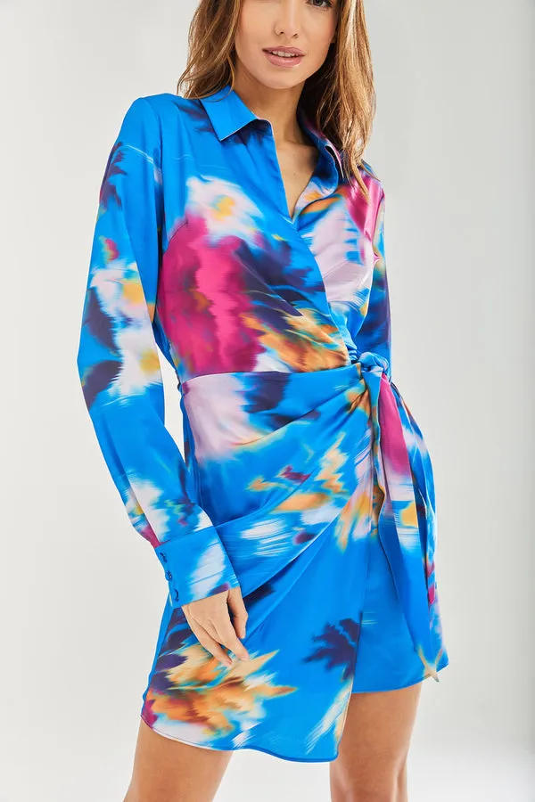 Liquorish Blue Floral Satin Mini Wrap Dress