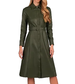 Liu JO Olive Green Eco Leather Midi Shirt Dress Bnwt UK 8