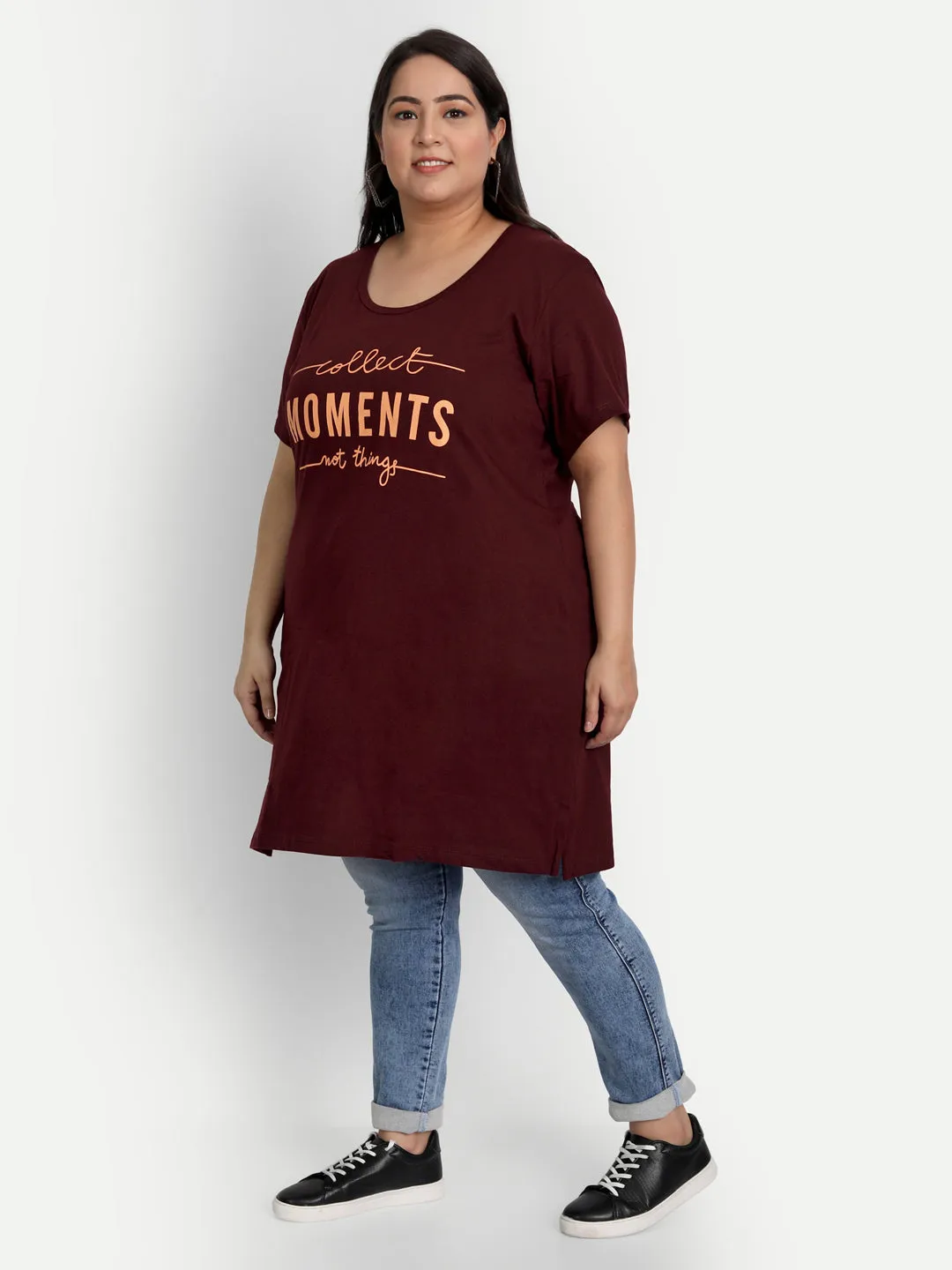 Long Line T-Shirt For Women -Half Sleeves- - Wine