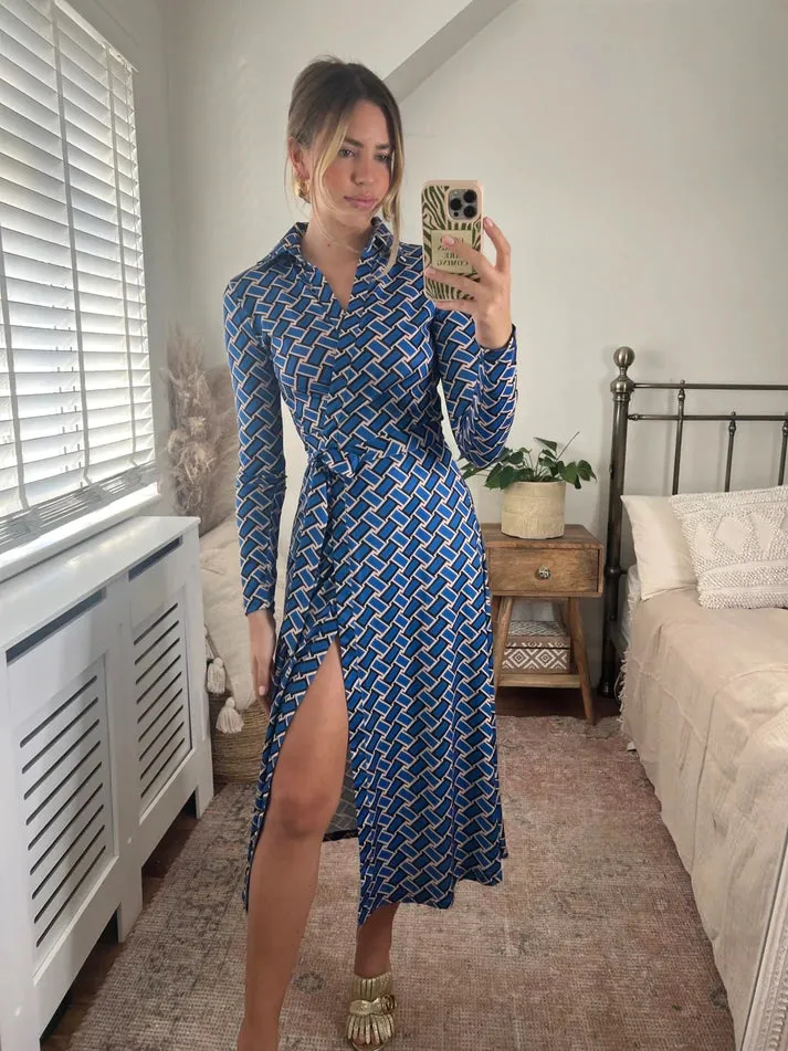 Love And Joy London Wrap Midi Dress In Blue Print