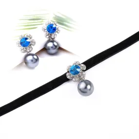 Luxury Blue Crystal Velvet Choker Necklace Earring Set