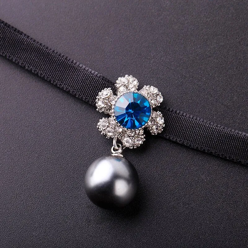 Luxury Blue Crystal Velvet Choker Necklace Earring Set