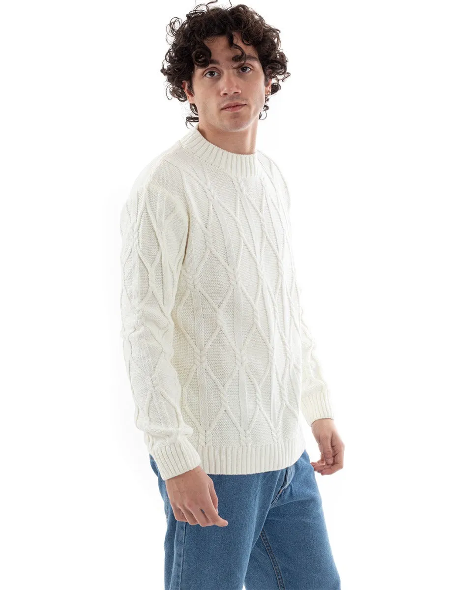 Maglione Uomo Maglioncino Pullover Mezzo Collo Tinta Unita Bianco Trecce GIOSAL-M2653A