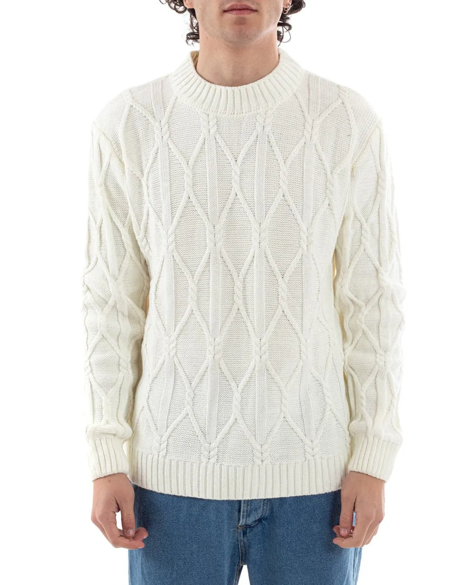 Maglione Uomo Maglioncino Pullover Mezzo Collo Tinta Unita Bianco Trecce GIOSAL-M2653A