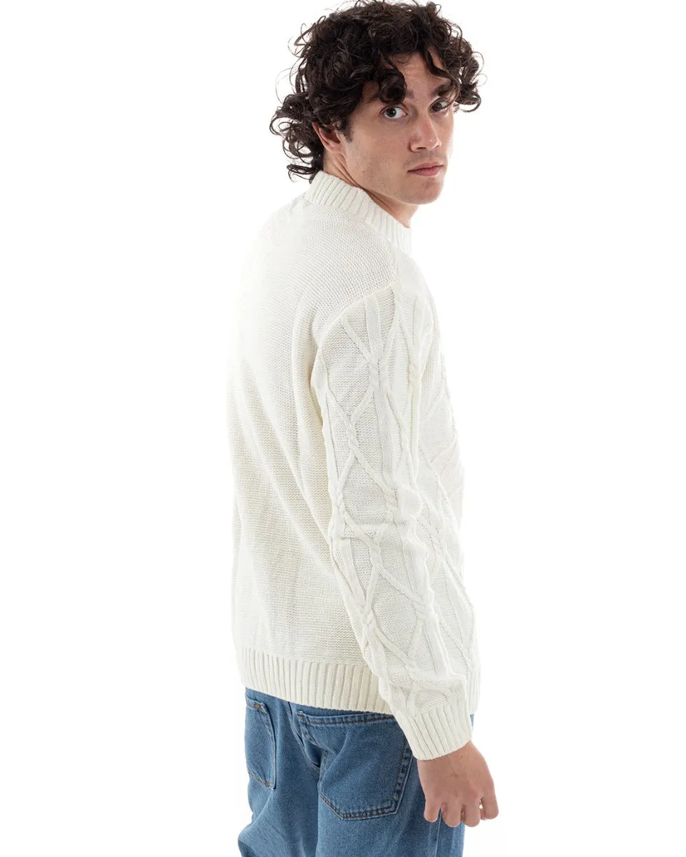 Maglione Uomo Maglioncino Pullover Mezzo Collo Tinta Unita Bianco Trecce GIOSAL-M2653A