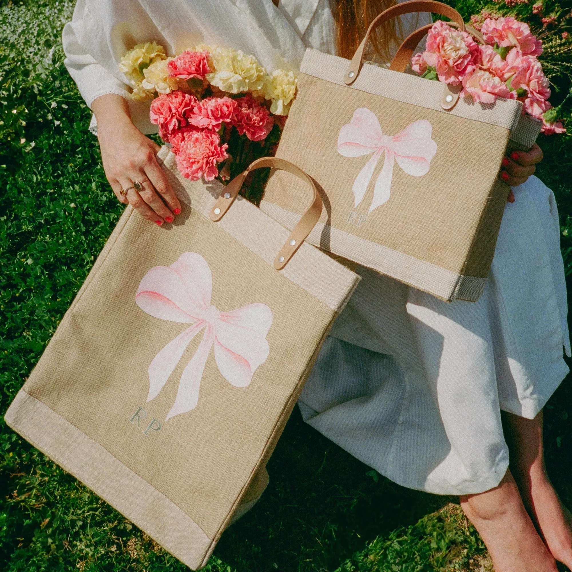 Market Bag in Natural with Rose Bow by Amy Logsdon