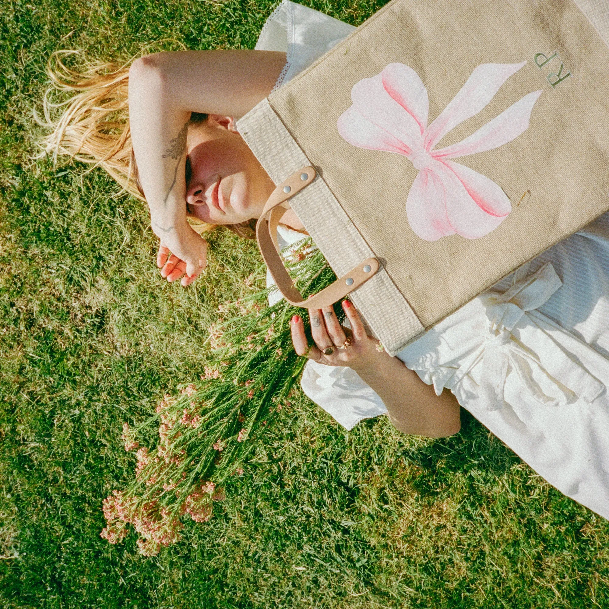 Market Bag in Natural with Rose Bow by Amy Logsdon