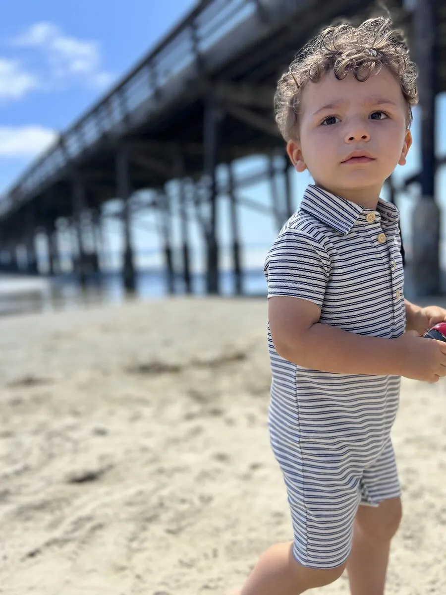 Me & Henry Drift Polo Romper - Cream Blue Stripe