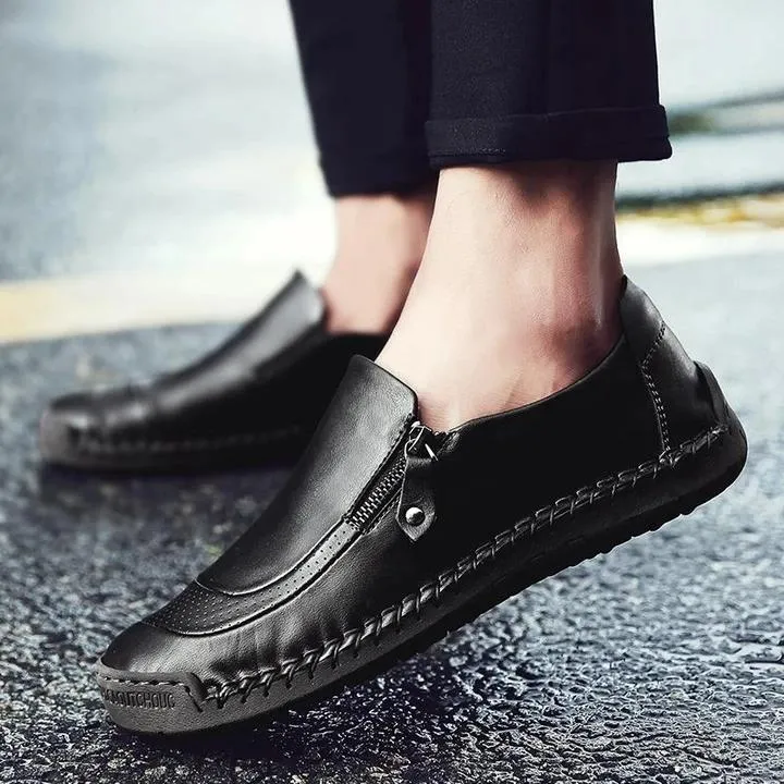 Men Hand Stitching Zipper Slip-ons Leather Loafers