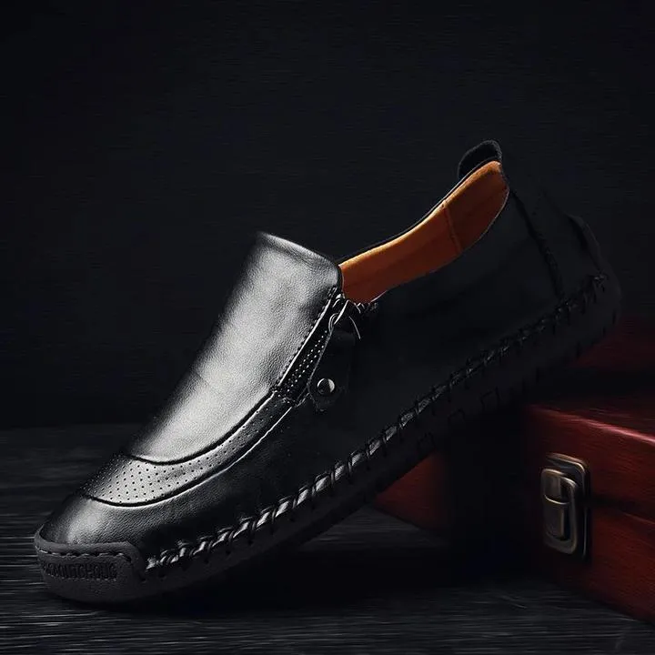 Men Hand Stitching Zipper Slip-ons Leather Loafers