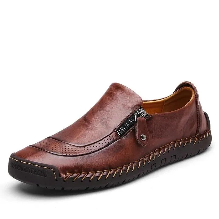 Men Hand Stitching Zipper Slip-ons Leather Loafers