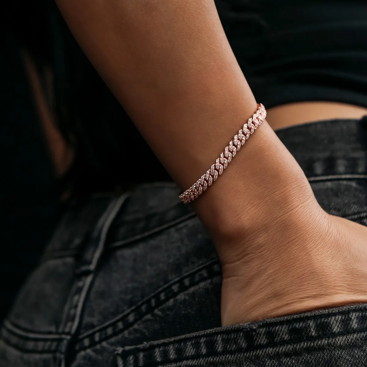 Micro Diamond Prong Cuban Bracelet in Rose Gold - 6mm