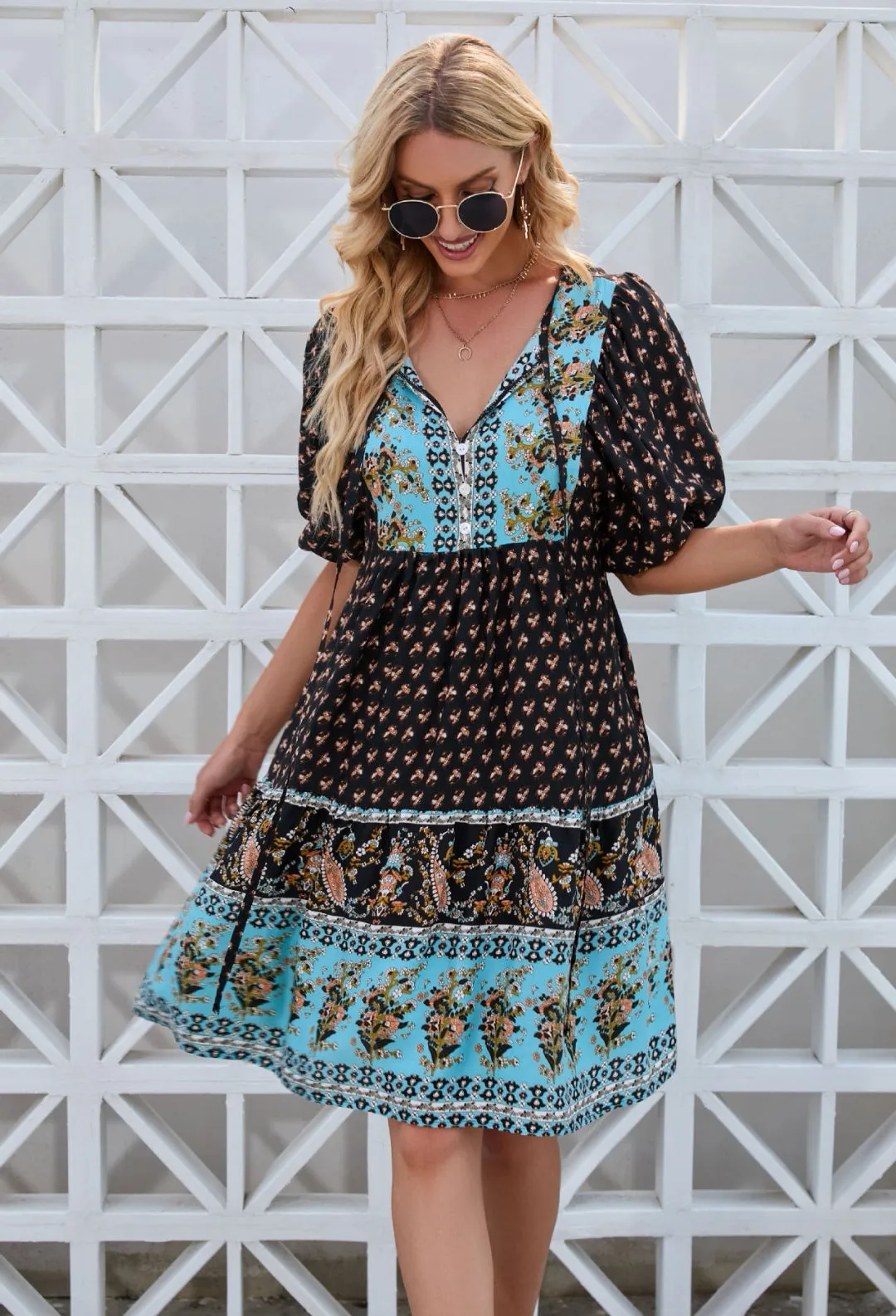 Midnight Blue Bohemian Print Puffed Sleeve Dress (Size S to XL)