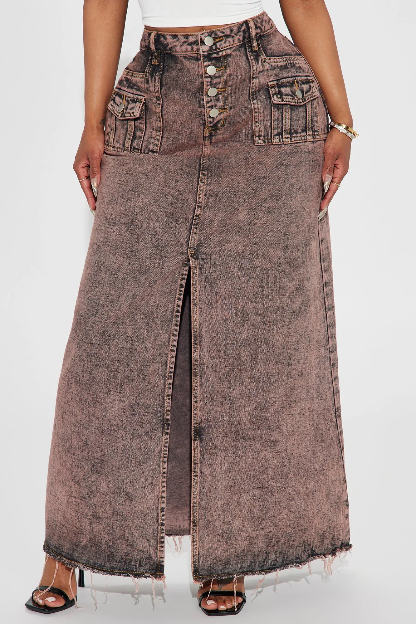 More Drama Mineral Wash Denim Maxi Skirt - Rust