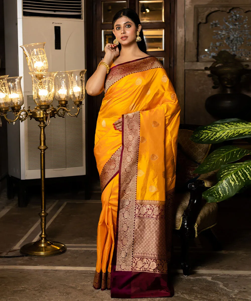 Mustard yellow maroon silk handwoven banarasi saree