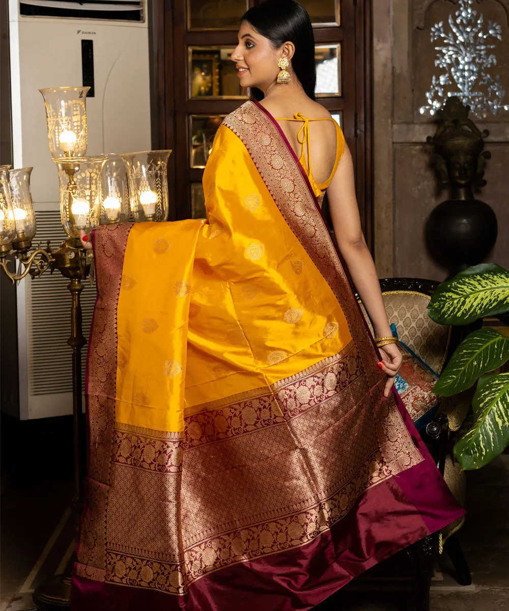 Mustard yellow maroon silk handwoven banarasi saree