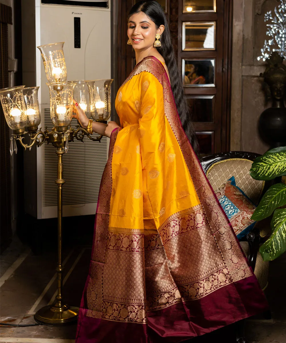 Mustard yellow maroon silk handwoven banarasi saree