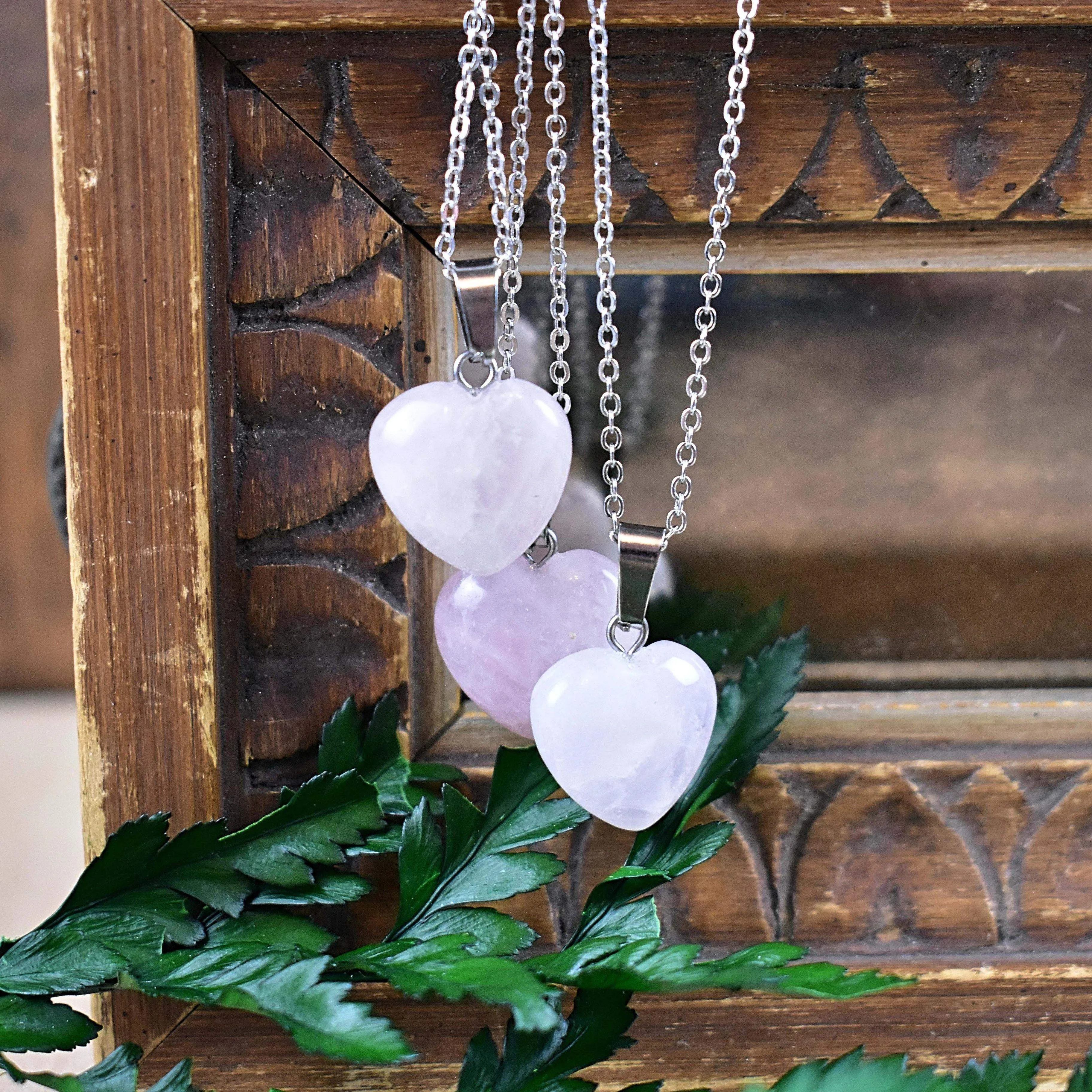 Natural Silver Rose Quartz Heart Healing Necklace