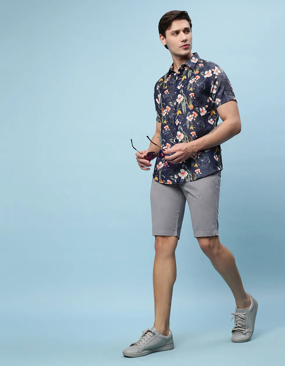 Navy Floral Printed Casual Shirt