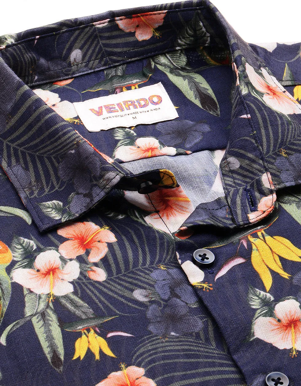 Navy Floral Printed Casual Shirt