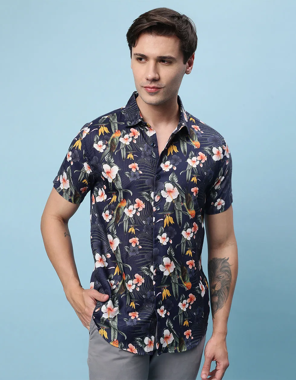 Navy Floral Printed Casual Shirt