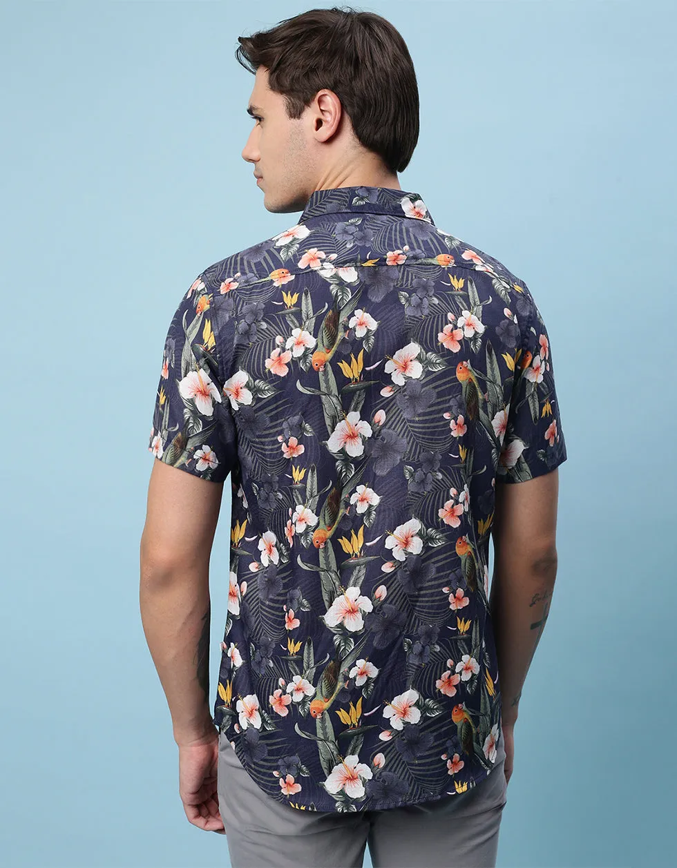 Navy Floral Printed Casual Shirt