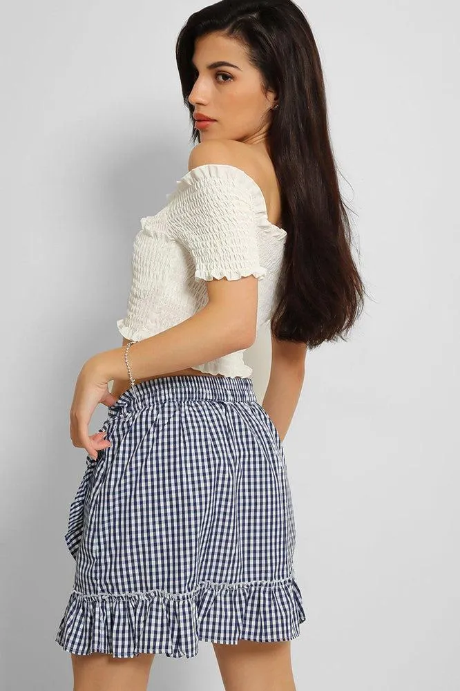 Navy White Check Print Ruffle Hem Wrap Skirt