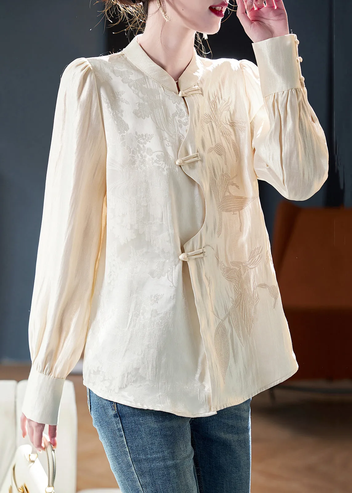 New Apricot Embroidered Button Cotton Shirt Long Sleeve QA1052