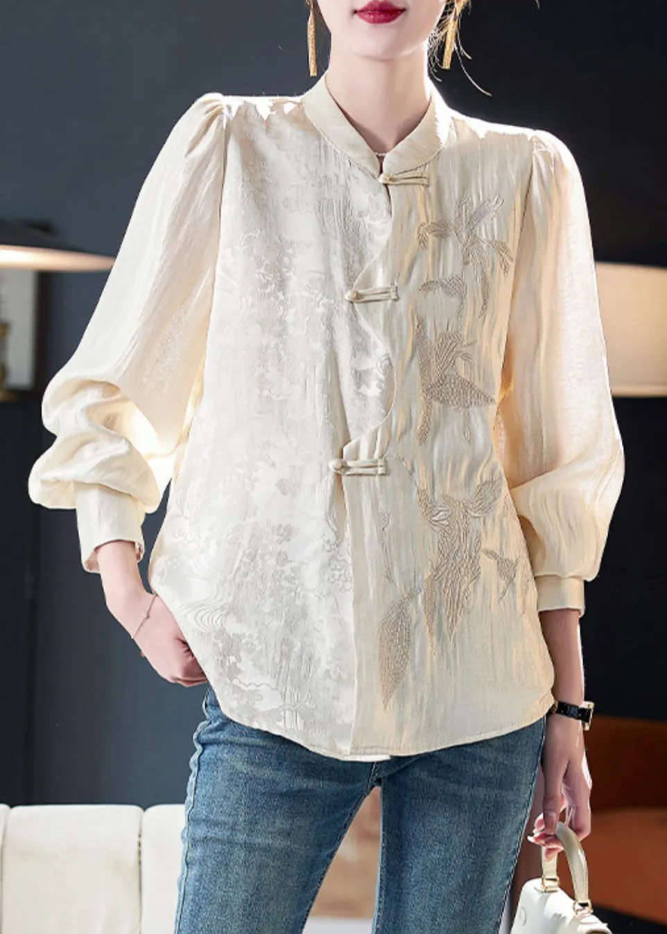 New Apricot Embroidered Button Cotton Shirt Long Sleeve QA1052