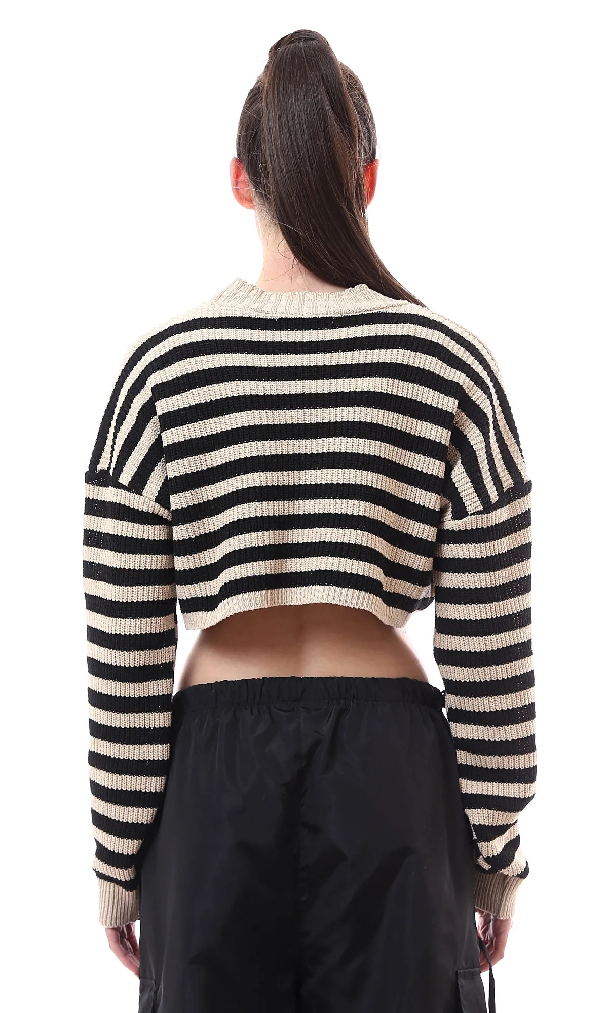 O172580 Beige & Black Stripes Knitted Cropped Pullover