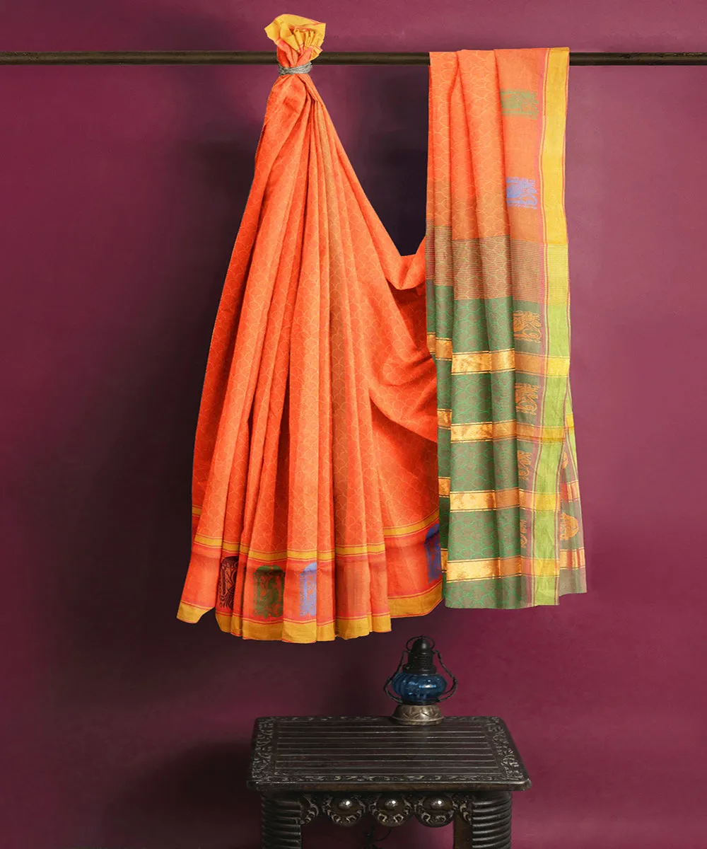 Orange plain butta handwoven rajahmundry cotton saree